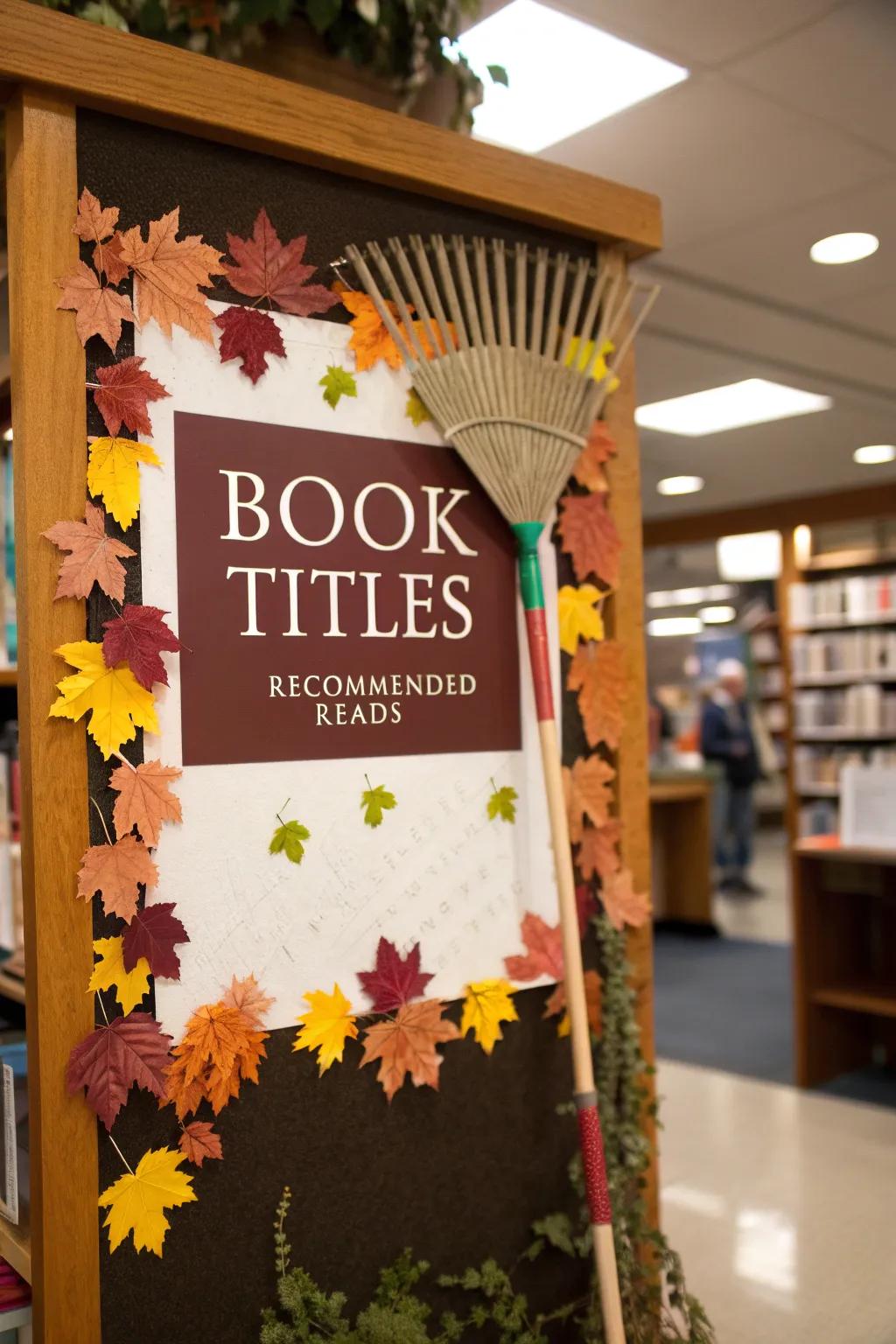 An inviting visual board featuring a garden tool and leaves showcasing various titles.