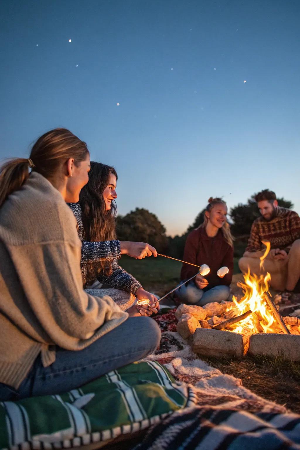Companions appreciate a cozy bonfire evening.