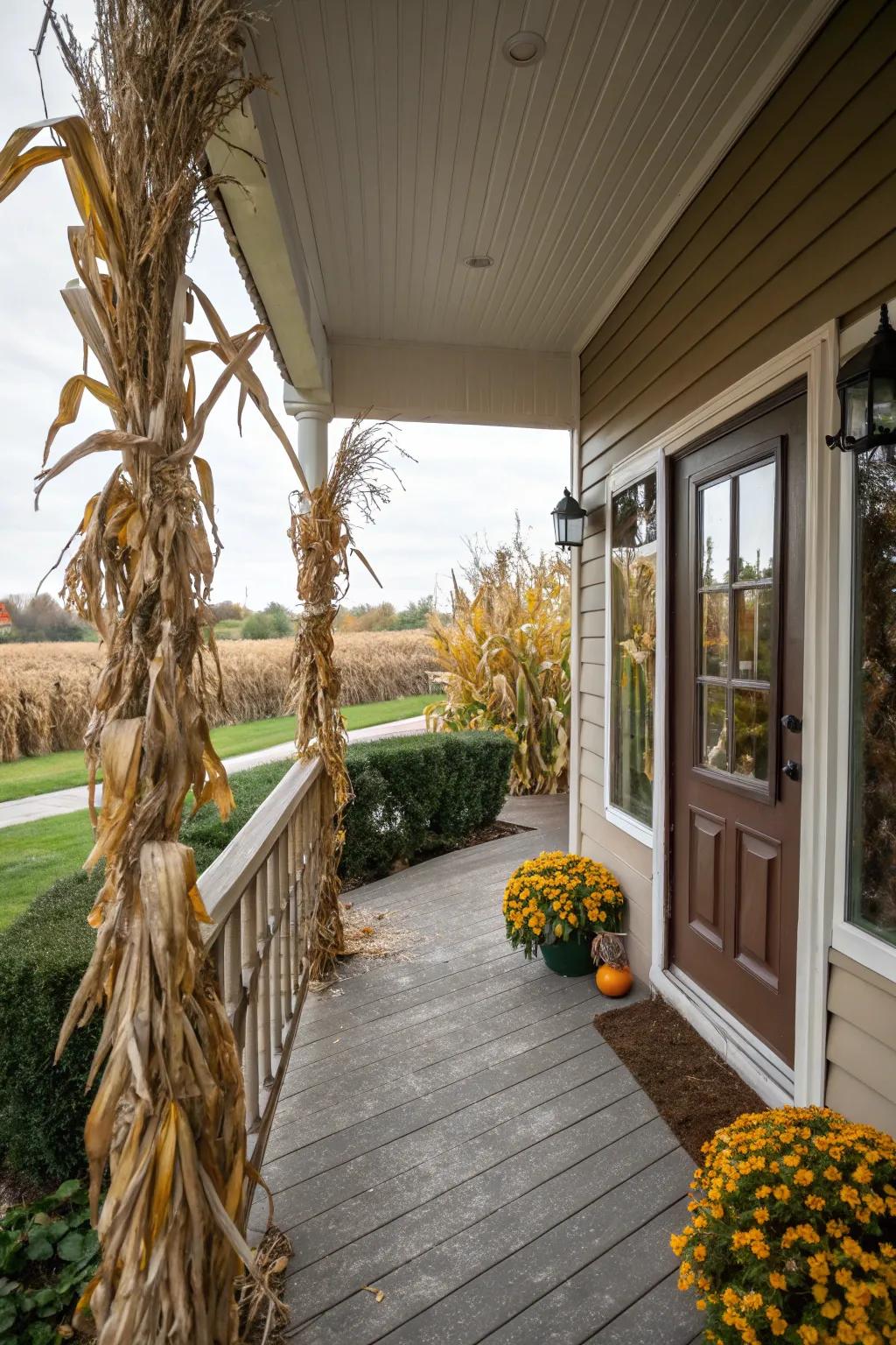 Tall corn stalks add rustic charm and height to your fall porch decor.