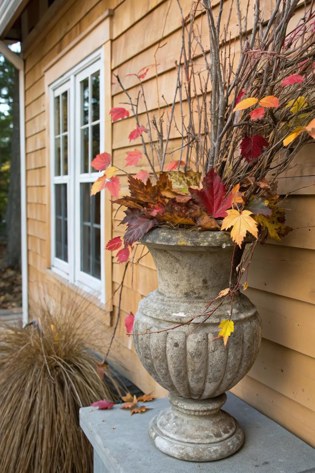 Down-to-earth allure with woodland sprigs and season's leaves in an autumn urn.