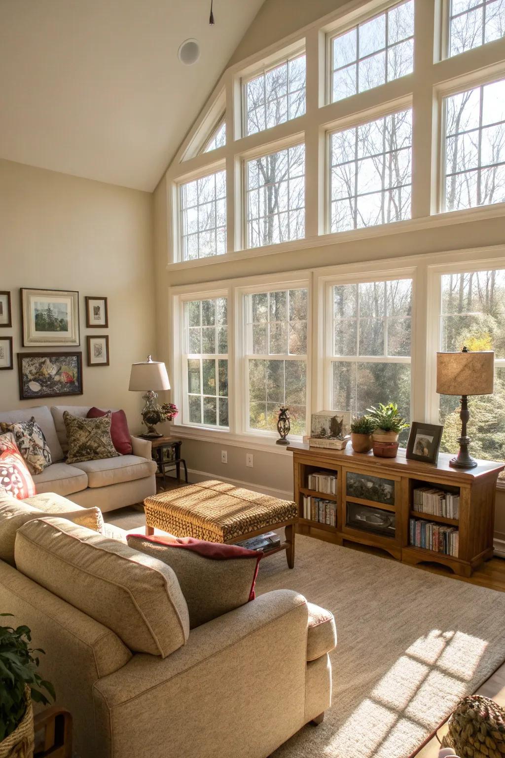 A family room luxuriating in natural sunshine.