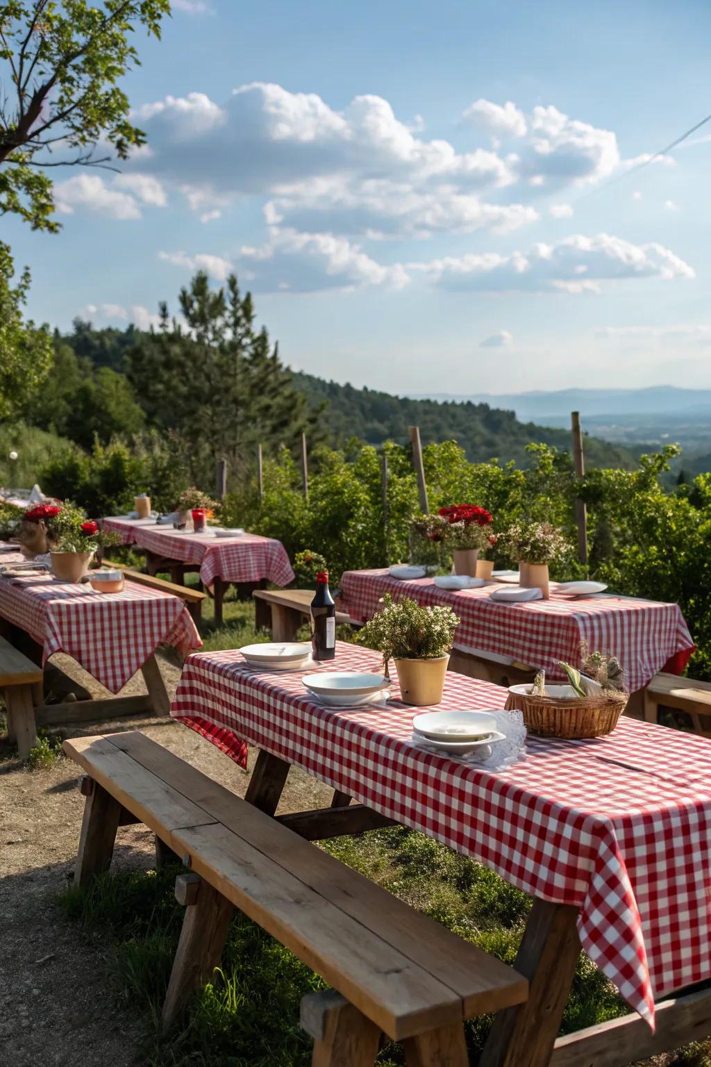 Checkered tablecloths over picnic tables generate a charming countryside environment.