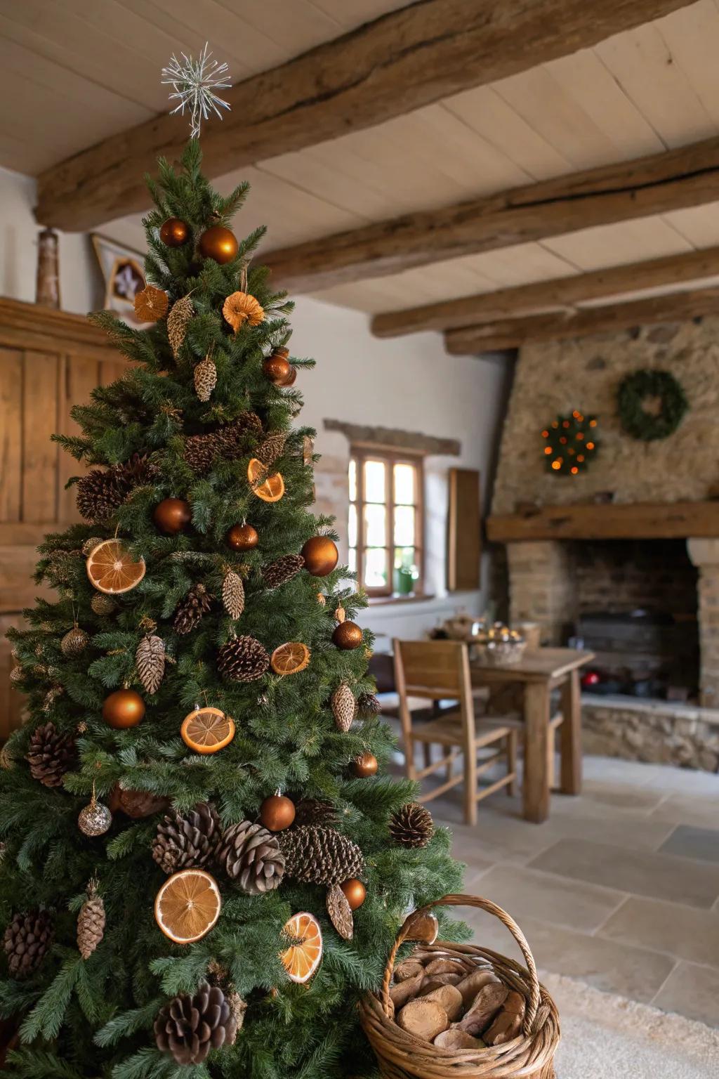 Nature-themed touches elevate the rustic appeal of this Christmas tree.