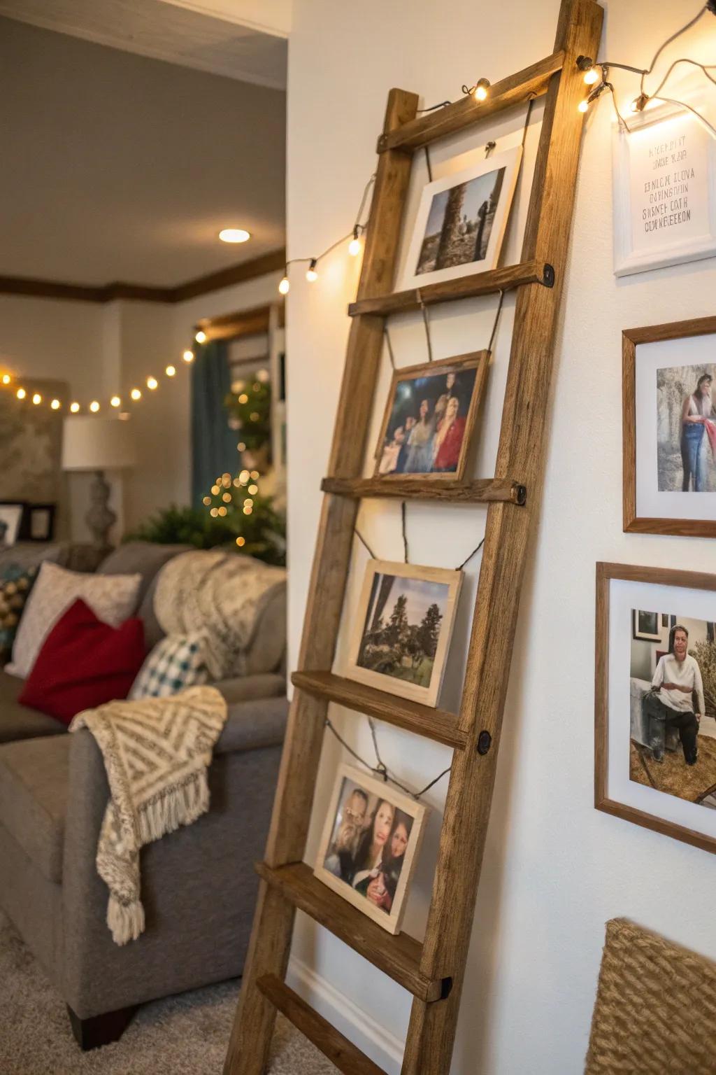 Family photo display on a rustic ladder