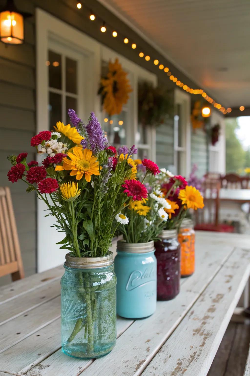 Mason-style jars populated with wildflowers present an alluring and budget-conscious centerpiece alternative.