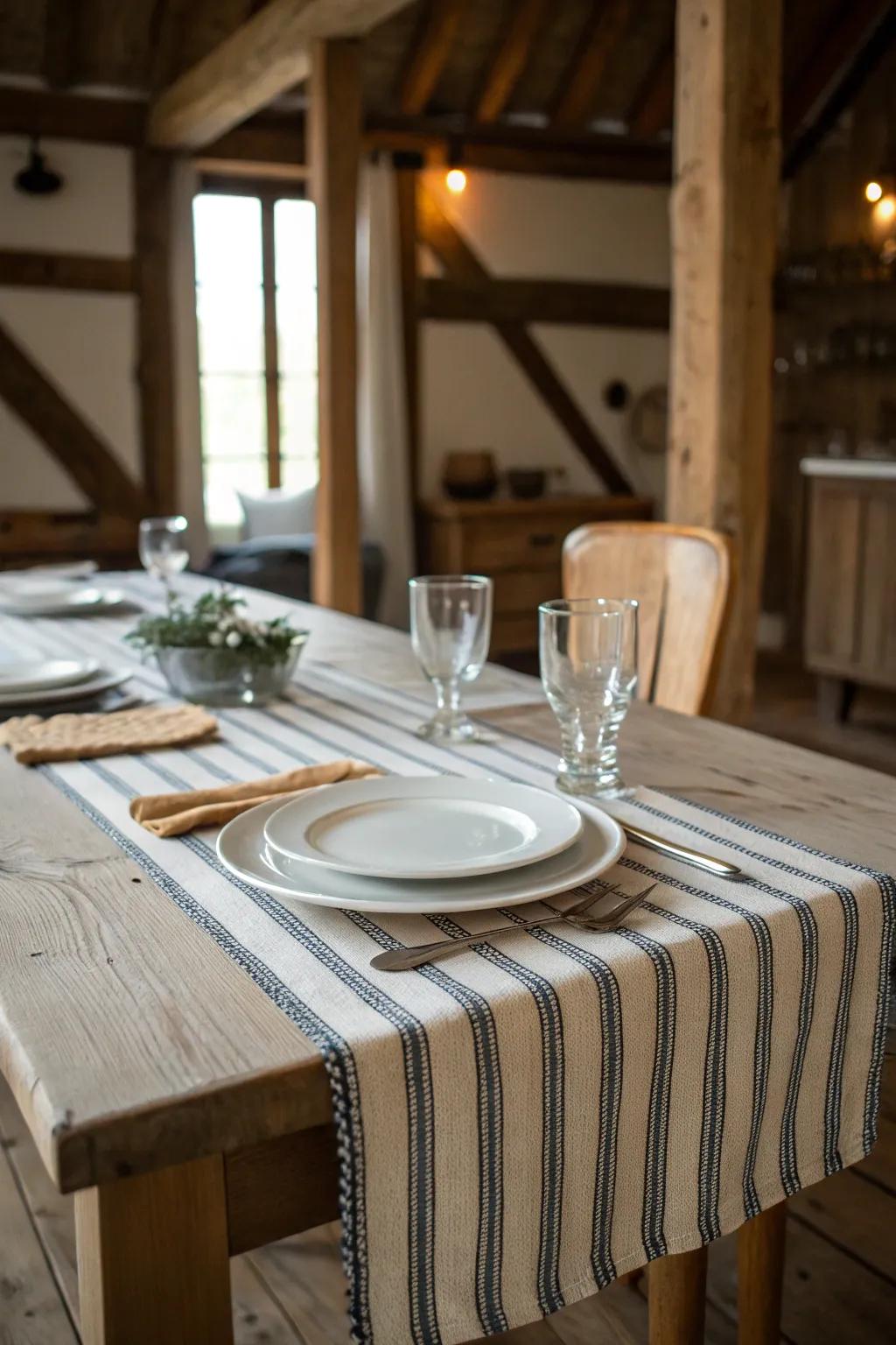 Stripes contribute a timeless touch to the farmhouse table.