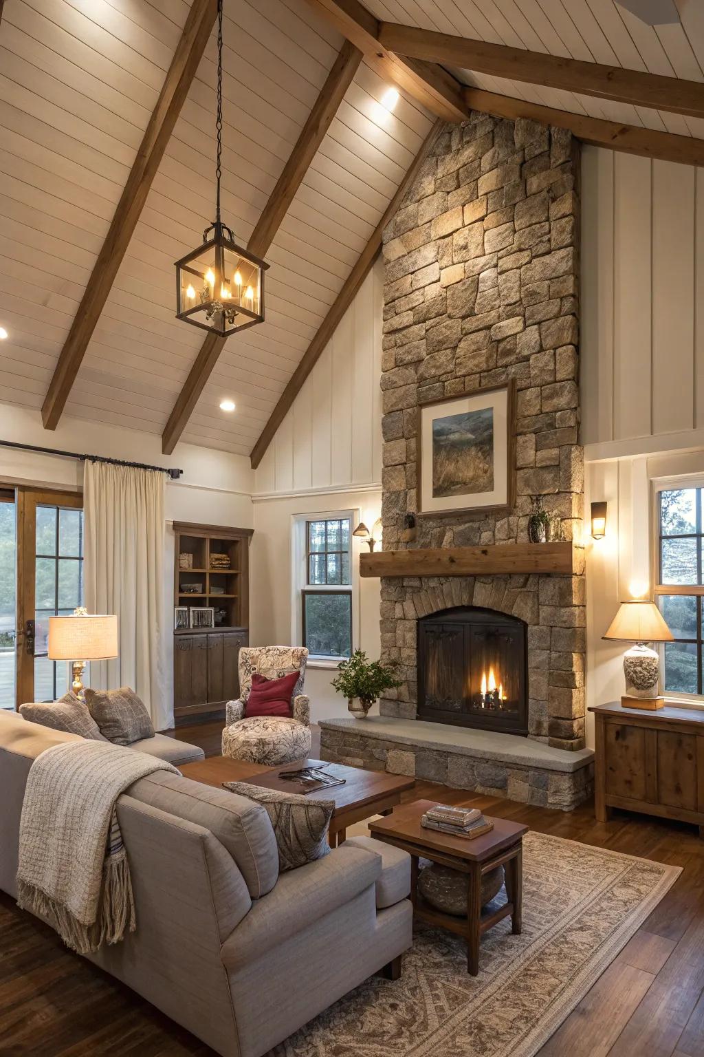 A shiplap chimney taking center stage in a farmhouse living room.