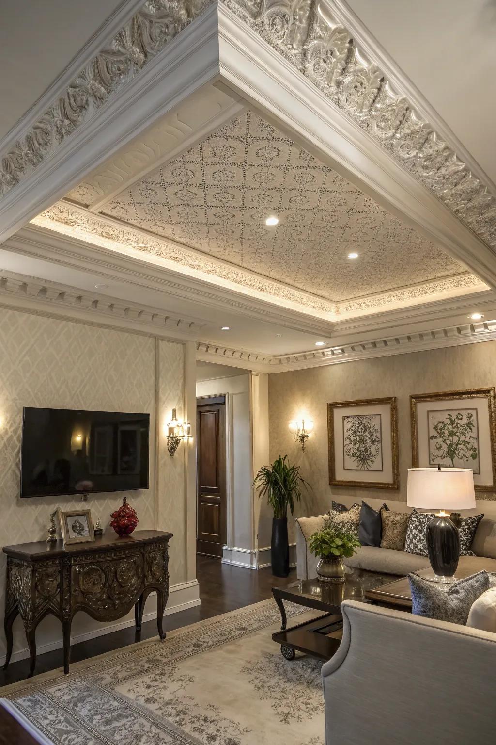 Graduated simulated ornate molding incorporates nuance and refinement.