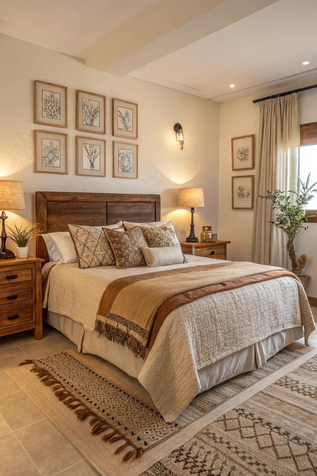 Relaxing earthy tones foster a tranquil bedroom setting.