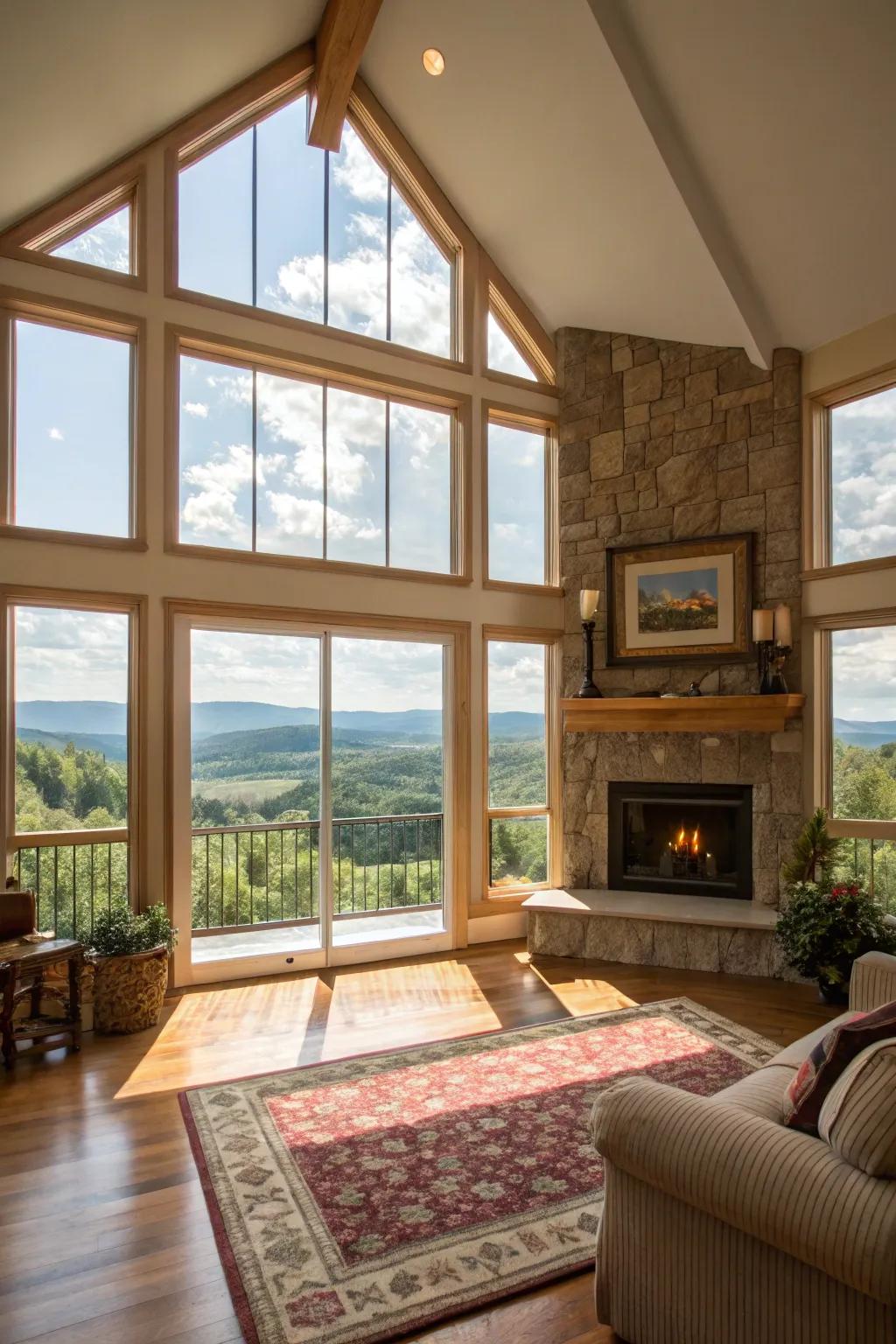 Natural light bathes this space, accentuating the central fireplace.