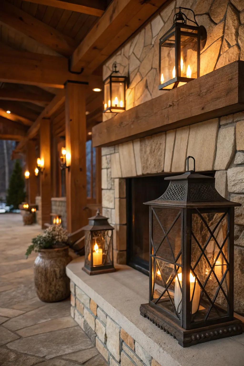 Lanterns contribute a dash of countryside allure to your fireplace.