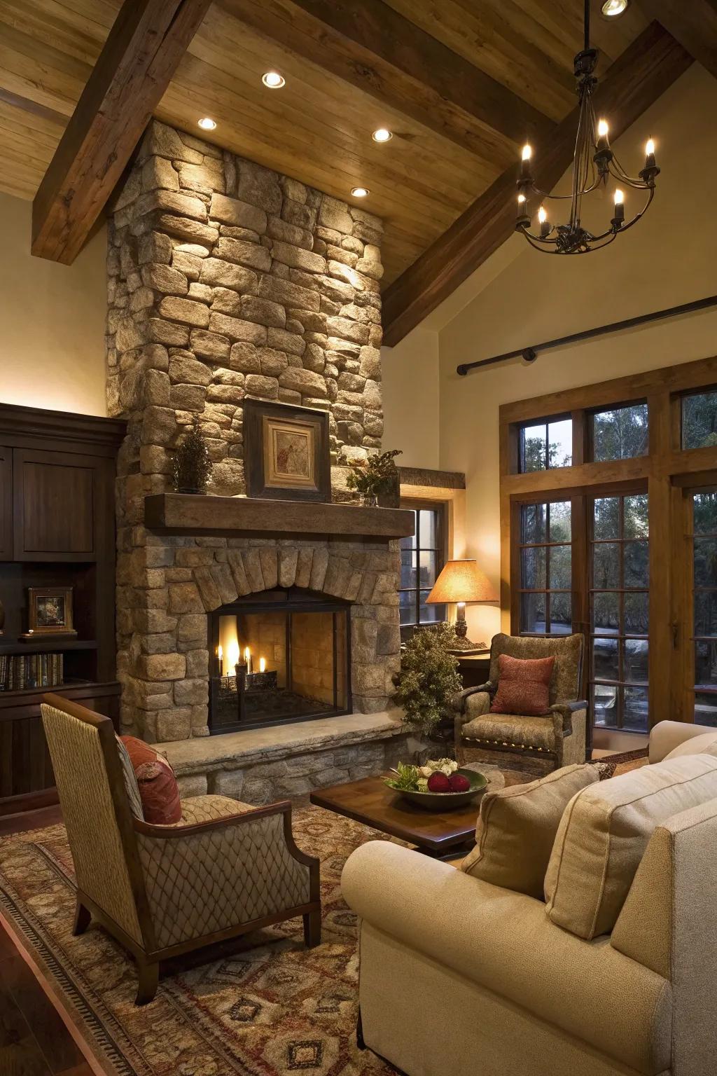 A conventional living space accentuated by a fireplace incorporating stratified stone features.