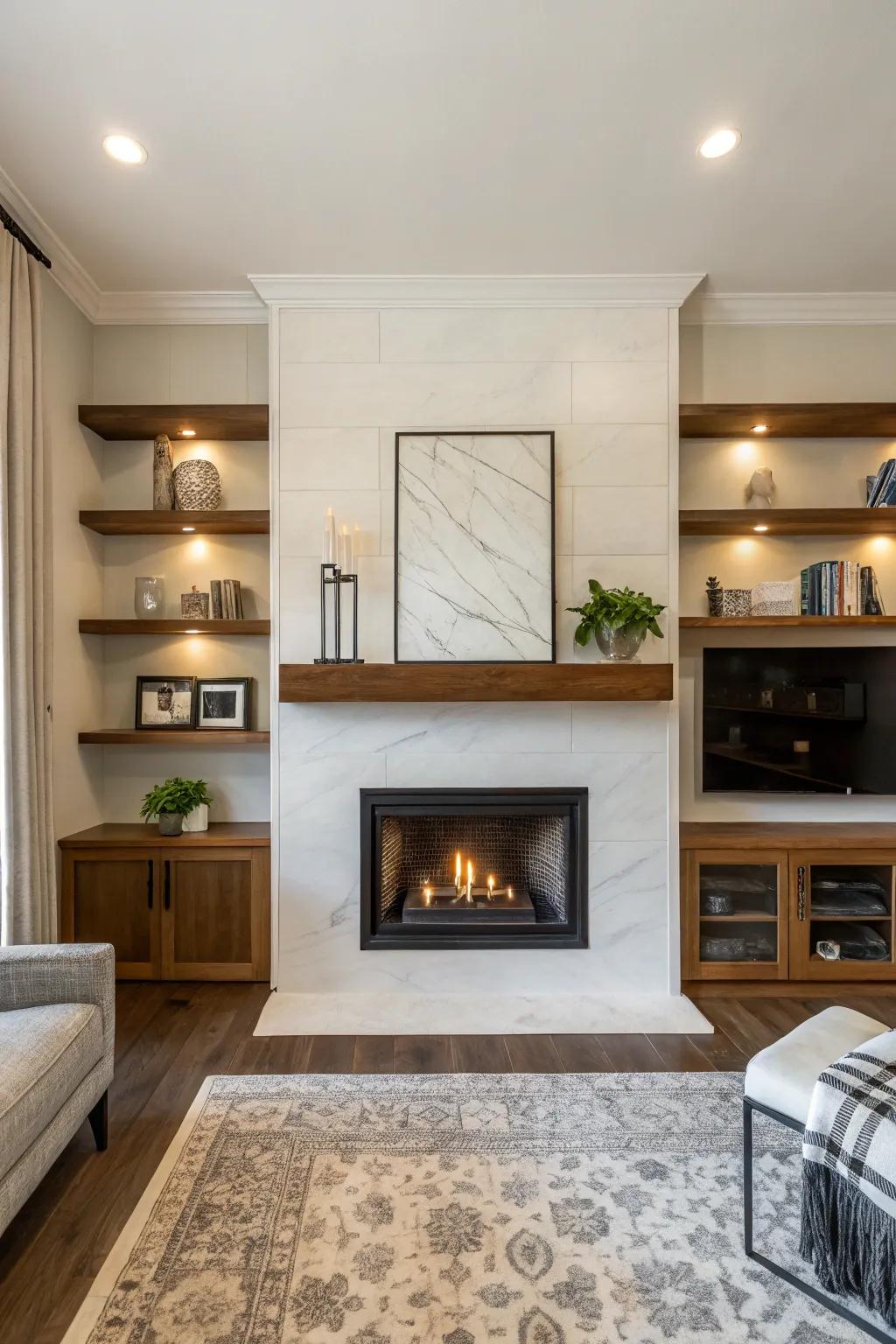 Accept modern simplification using streamlined shelves and a minimalist fireside.