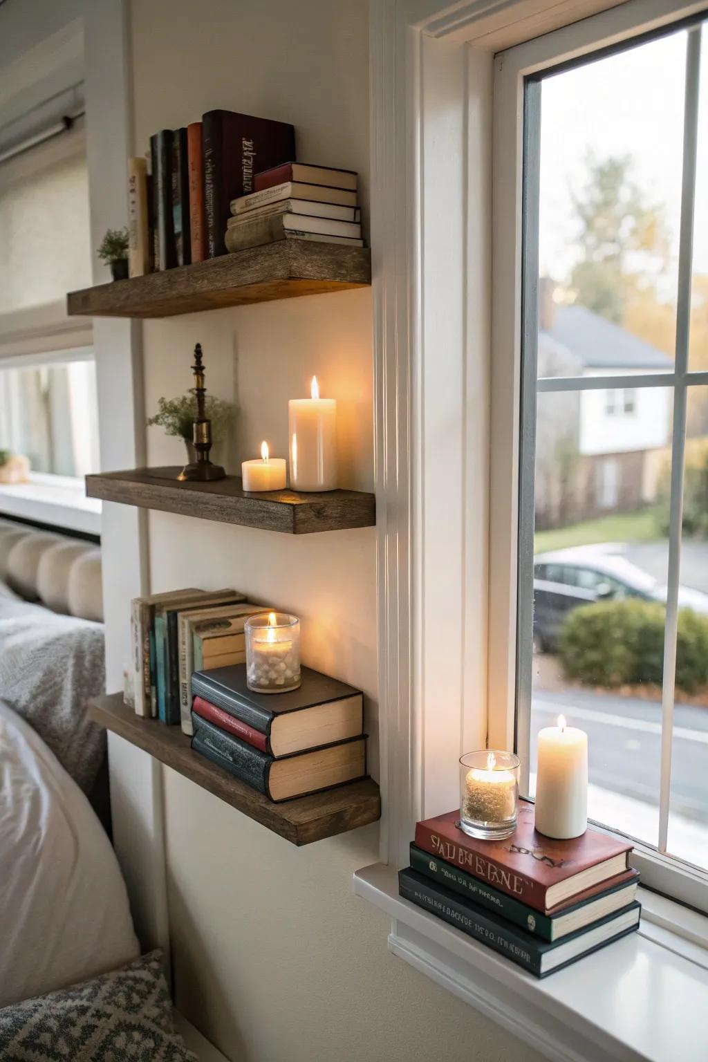 Floating shelves transform a bedroom nook into a peaceful reading escape.