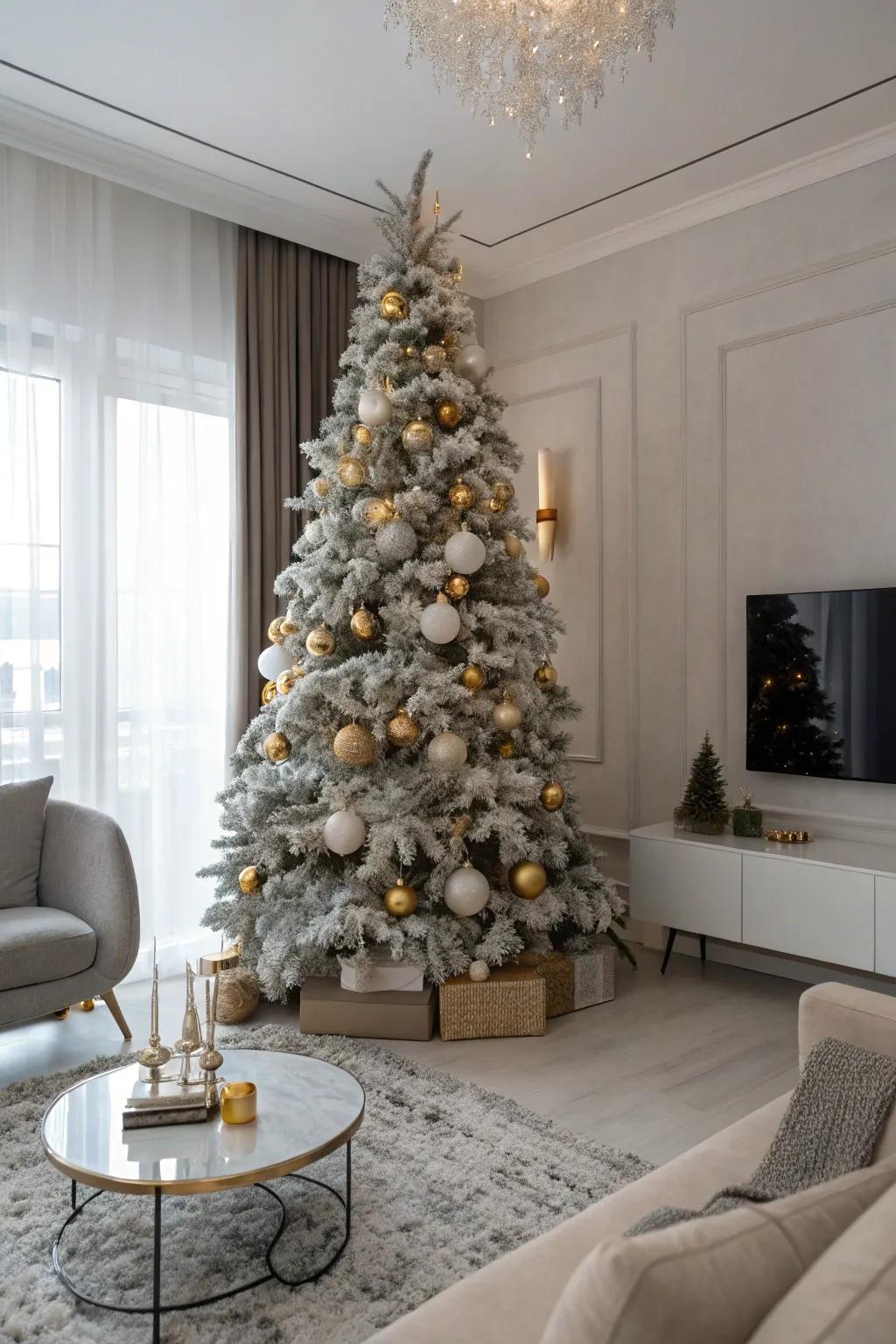 A glamorous flocked Christmas tree accentuated with metallic elements.