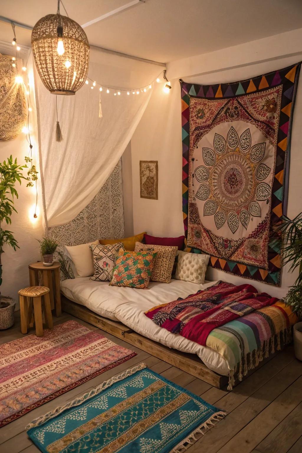 Bohemian elements inject color and character into a small sleeping space.