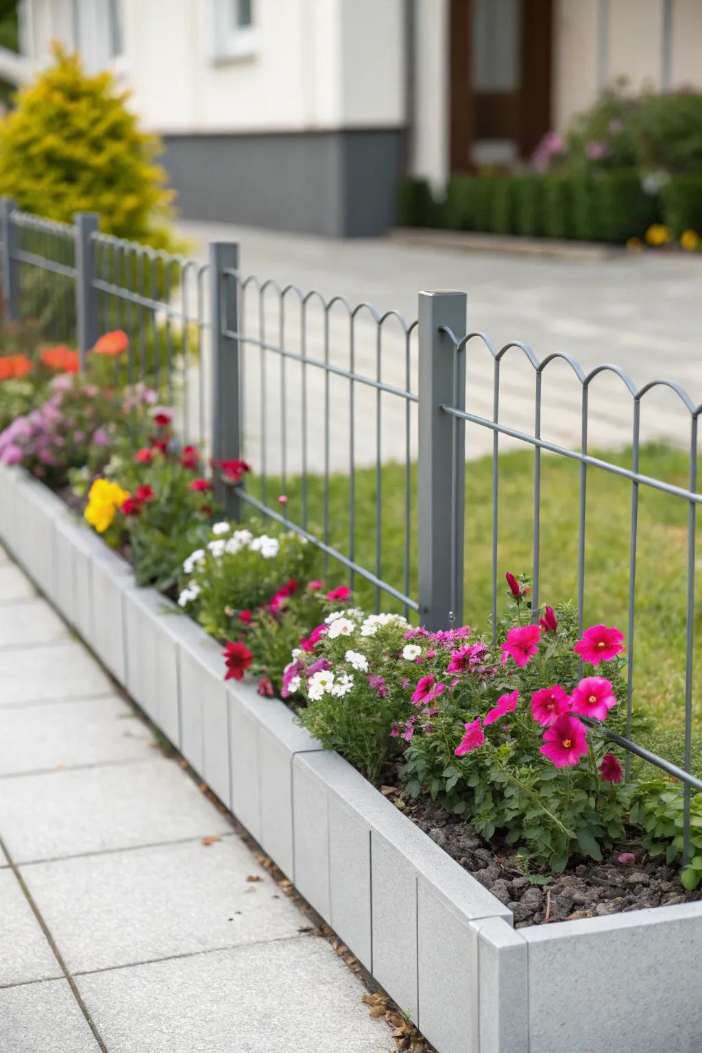 Sleek metal guarding gives a modern touch to flower patches.