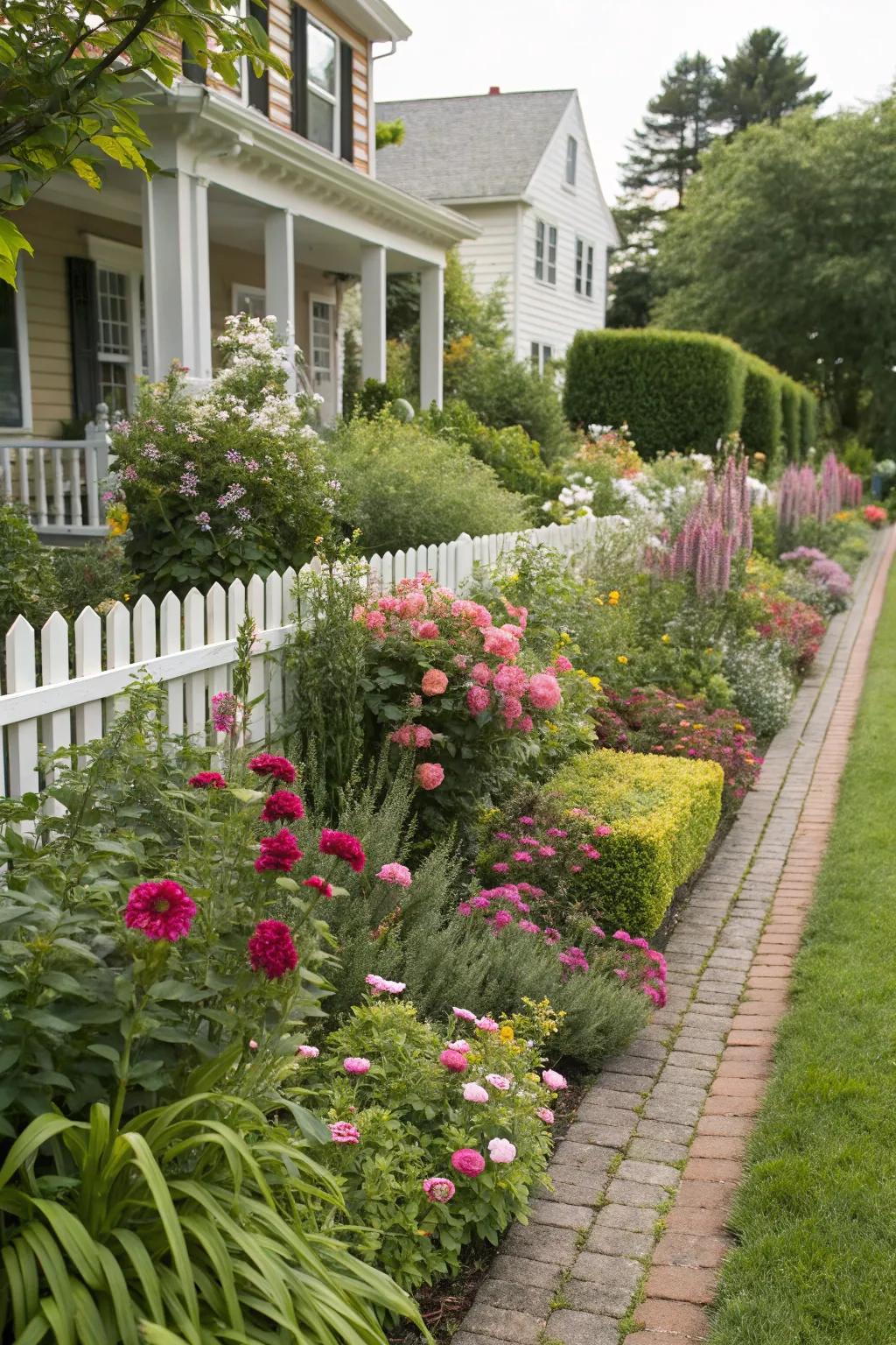 A dynamic floral border showcasing a mix of towering flowers and verdant ground covers, enhancing depth.