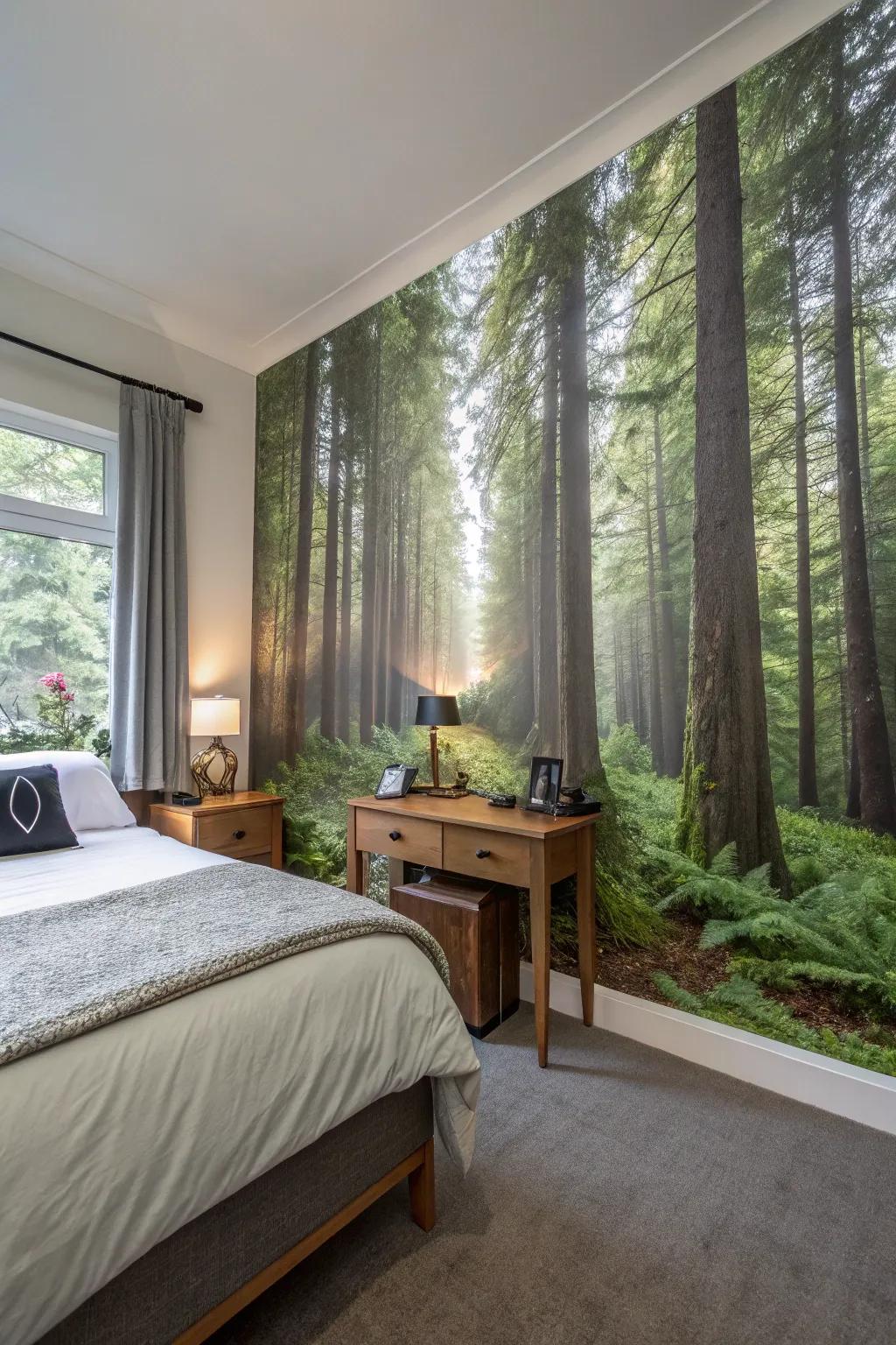 A forest wall scene shifts your area into a woodland getaway.