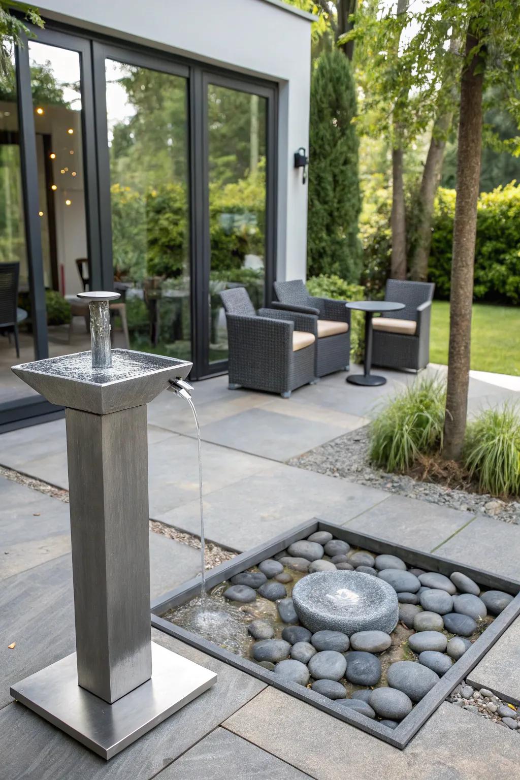 Sleek minimalism meets modern metal water feature.