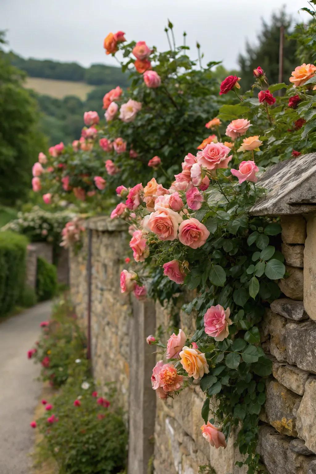 Florals in bloom, adding sentimental appeal to a garden wall.