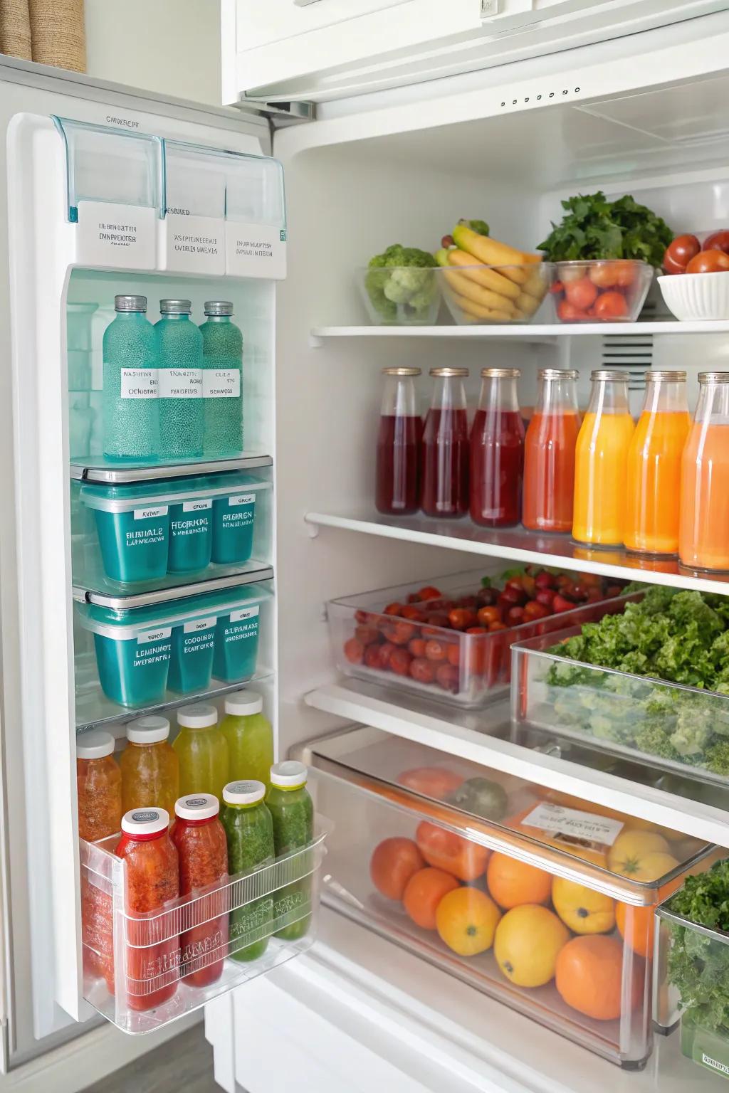A visually captivating refrigerator featuring items sorted by color.