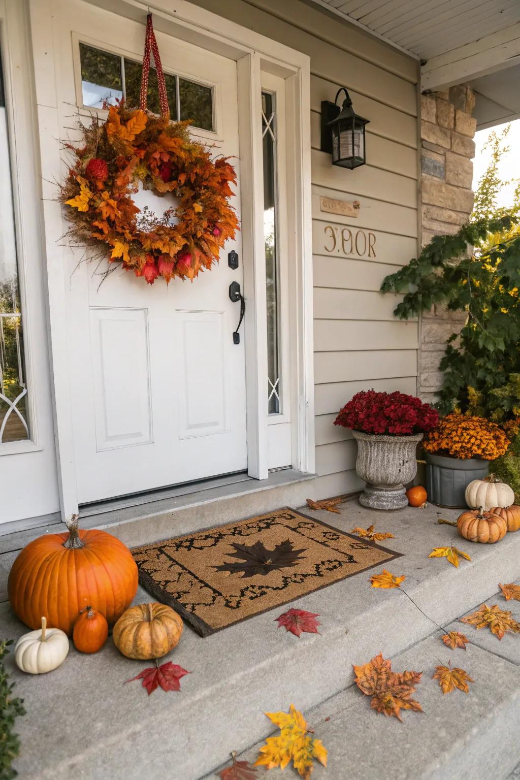 A seasonal mat showing autumn leaves.