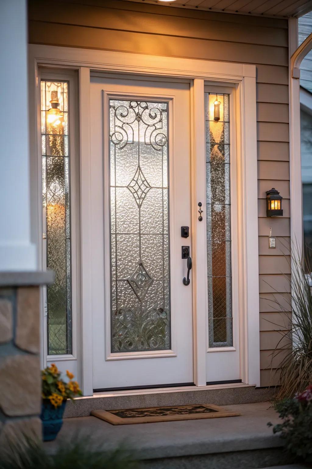 A front door featuring embossed glass for both privacy and style.