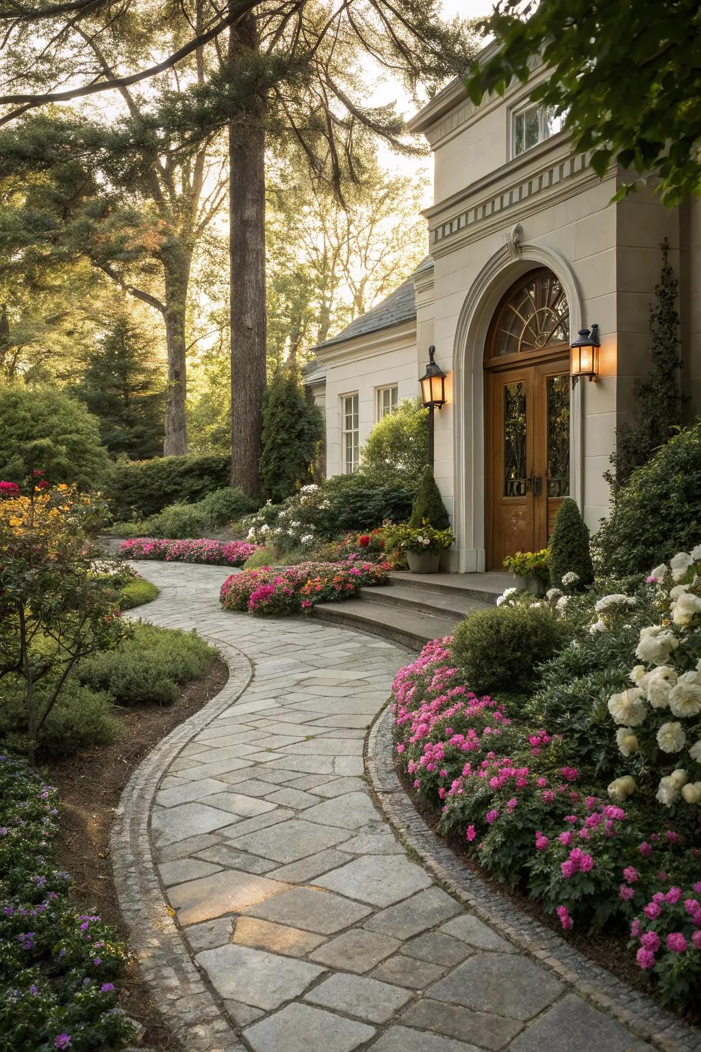 A stone-paved path elegantly directing visitors to the doorway.