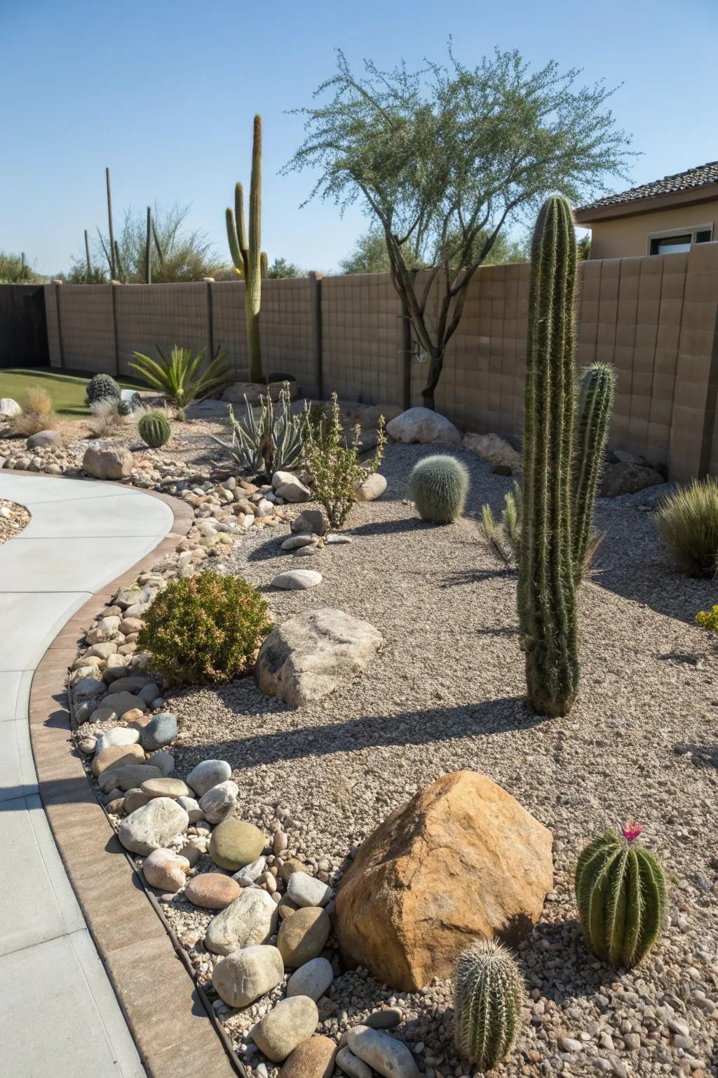 A stone bed gives a rustic vibe to this cactus garden.