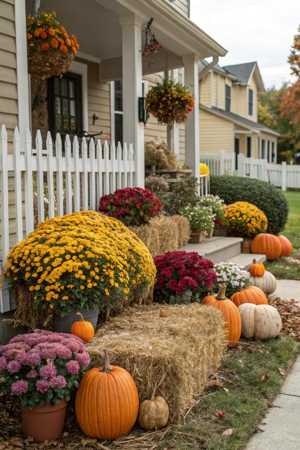 Enhance the charm of your flower beds with seasonal pumpkins and straw bundles.