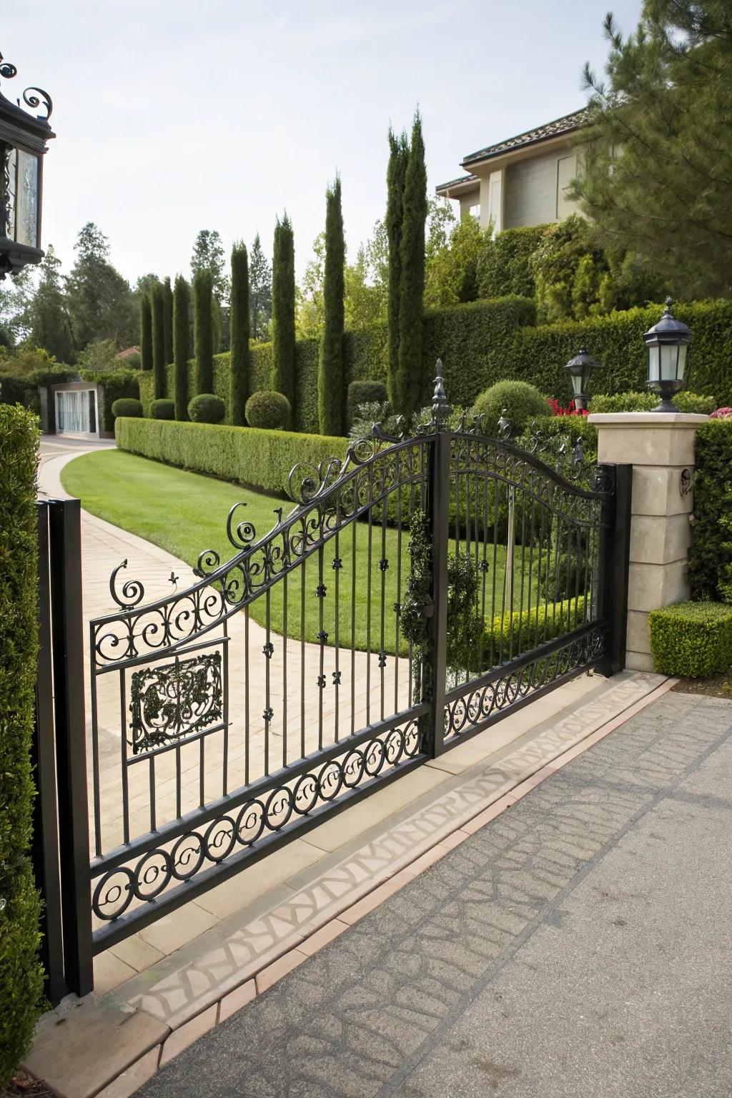 Elegant decorative metal boundaries offer both safety and flair to this upscale entrance.