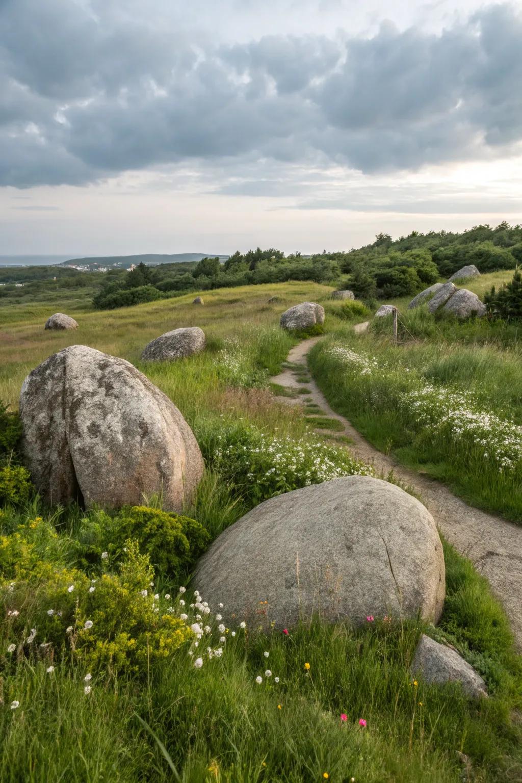 Natural stones harmoniously settled into a serene, grassy foreground.