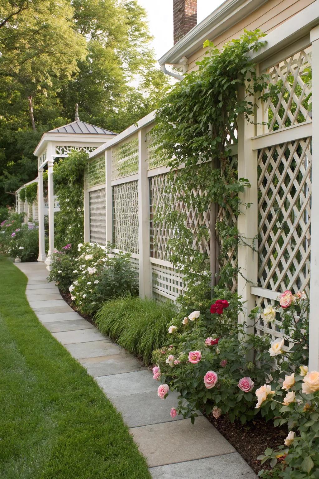 Lattice panels provide a decorative solution for a private front yard.