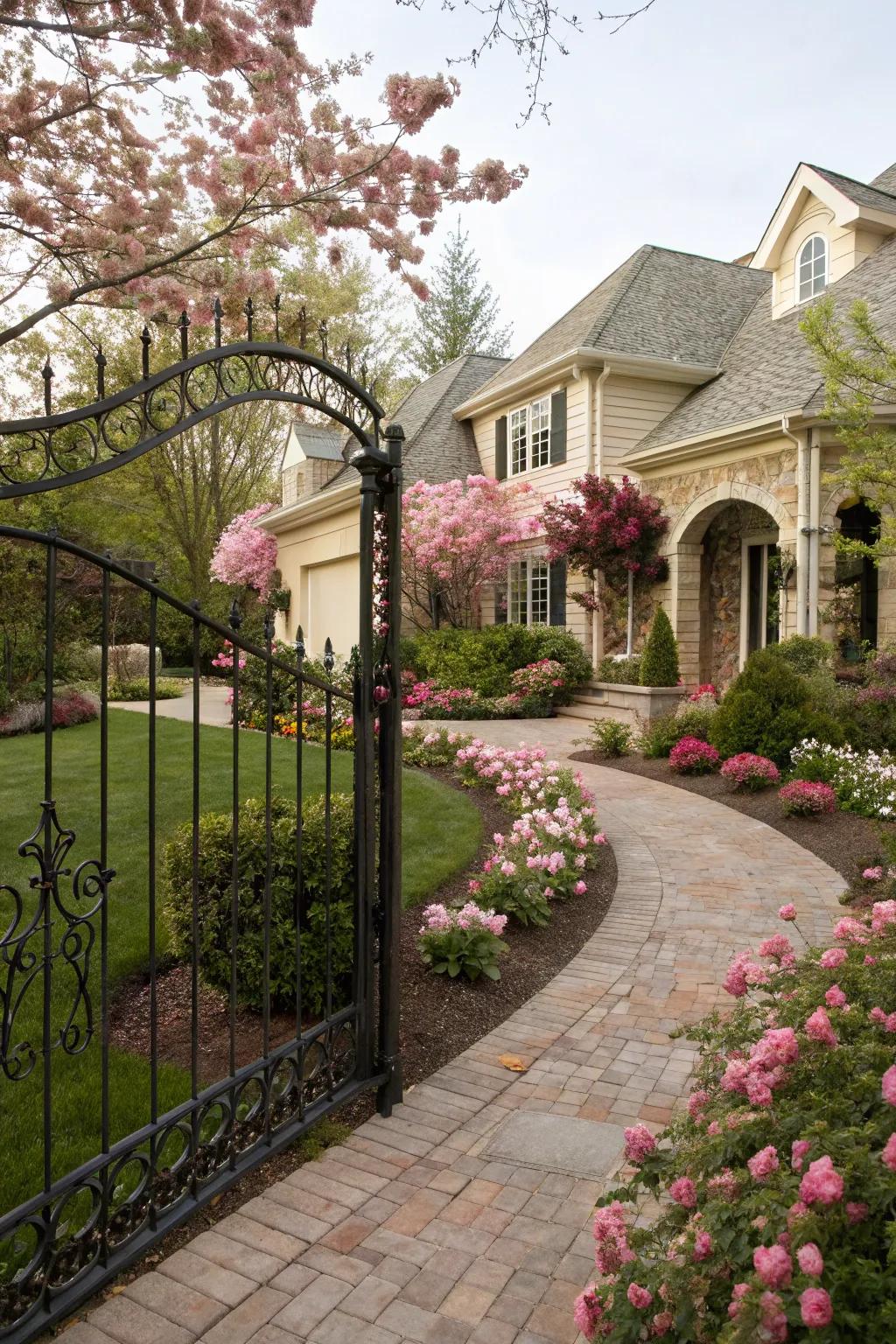 An arched metal artistry barrier imbuing sophistication to a front garden abundant with flora.