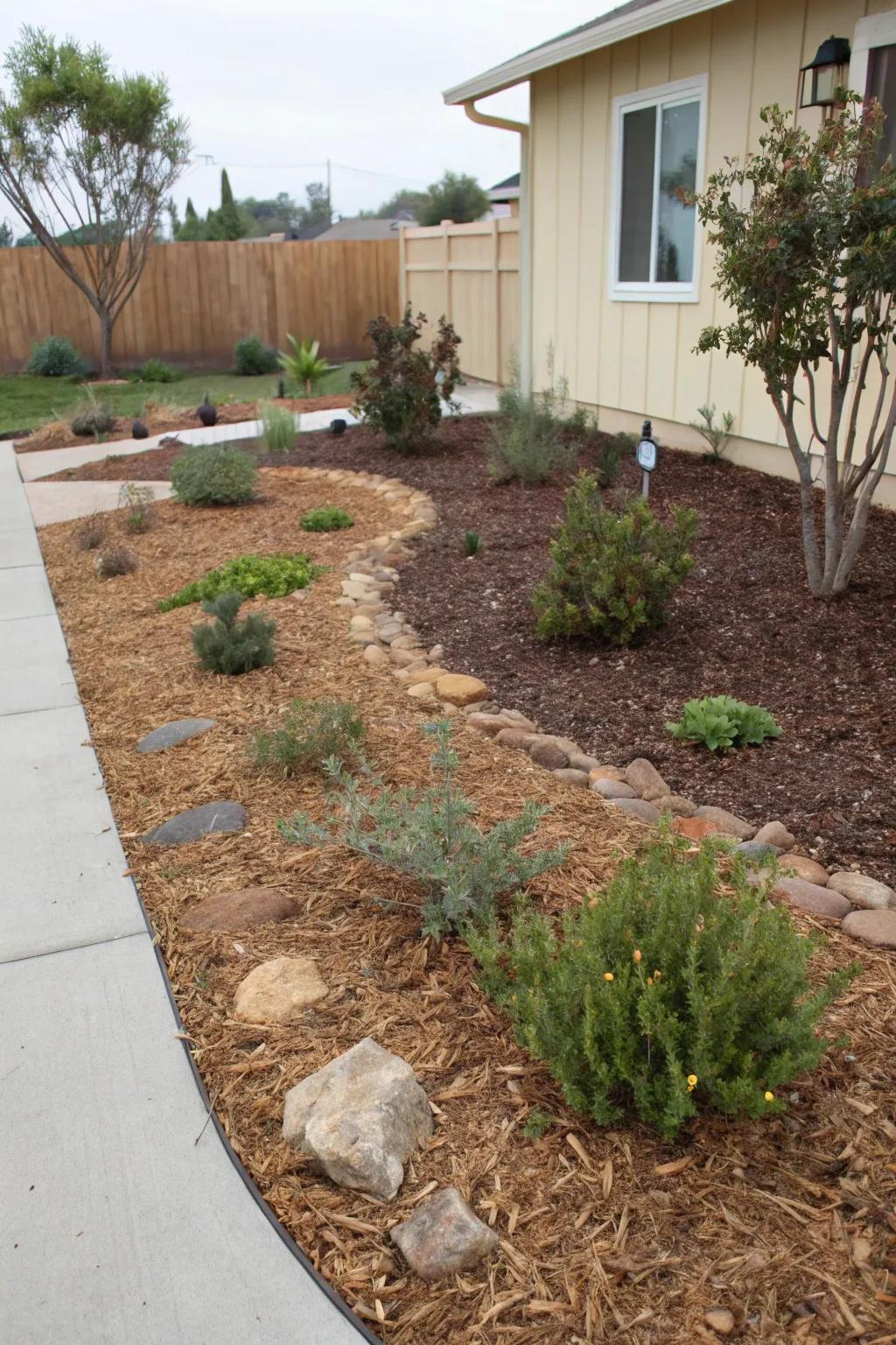 Mulch serves both functional and aesthetic goals in xeriscape environments.