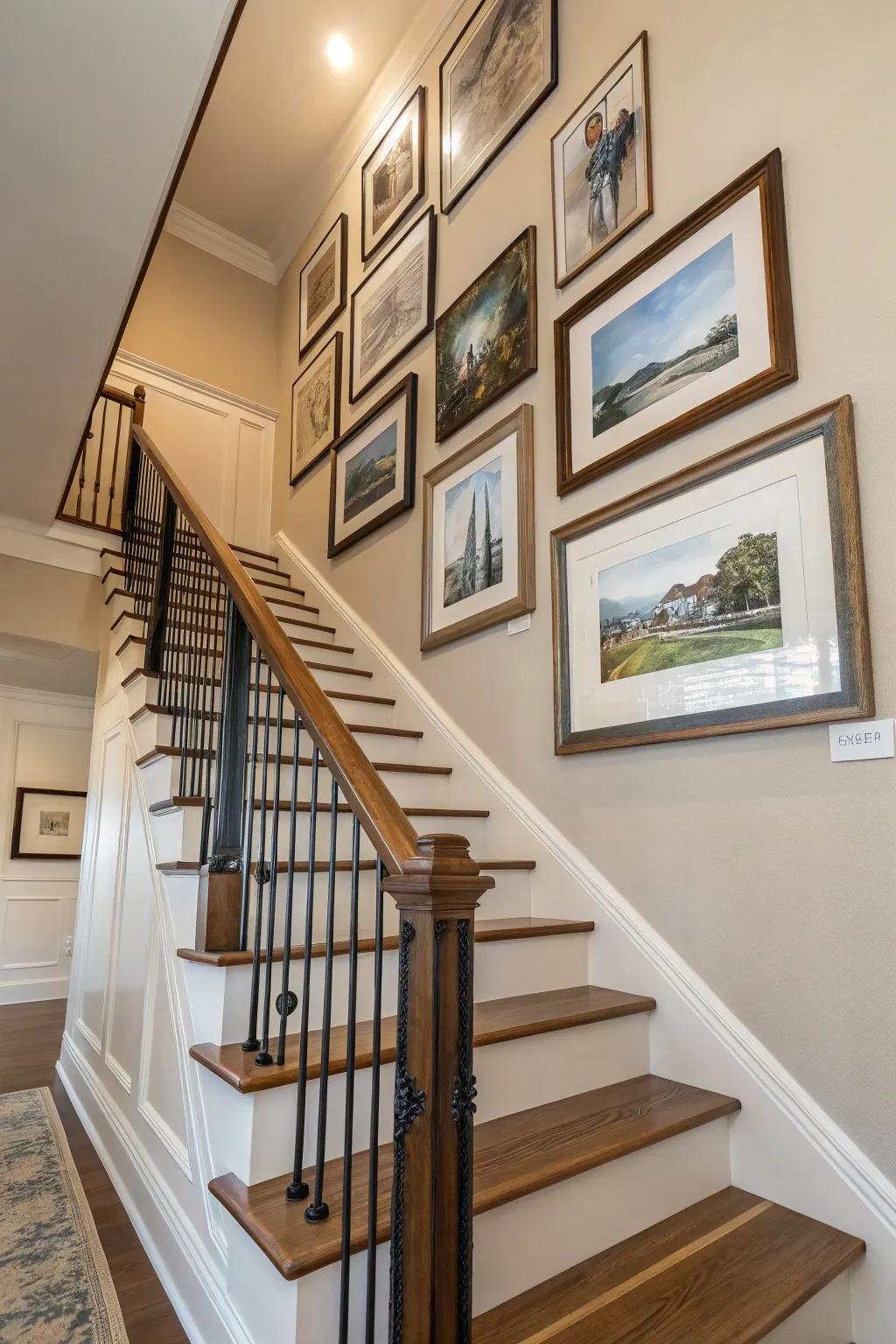 A diagonal frame arrangement, infusing a sense of dynamic motion into a staircase.