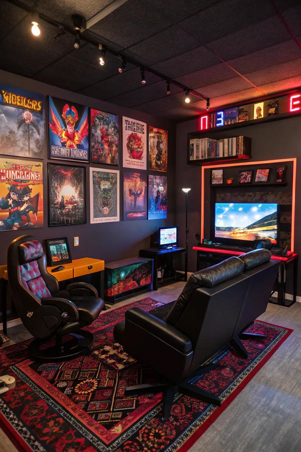 Themed decor provides a personal touch to this gaming sanctuary.