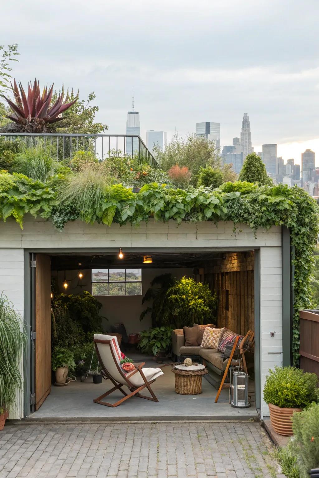 A garage crowned with a lively rooftop garden.