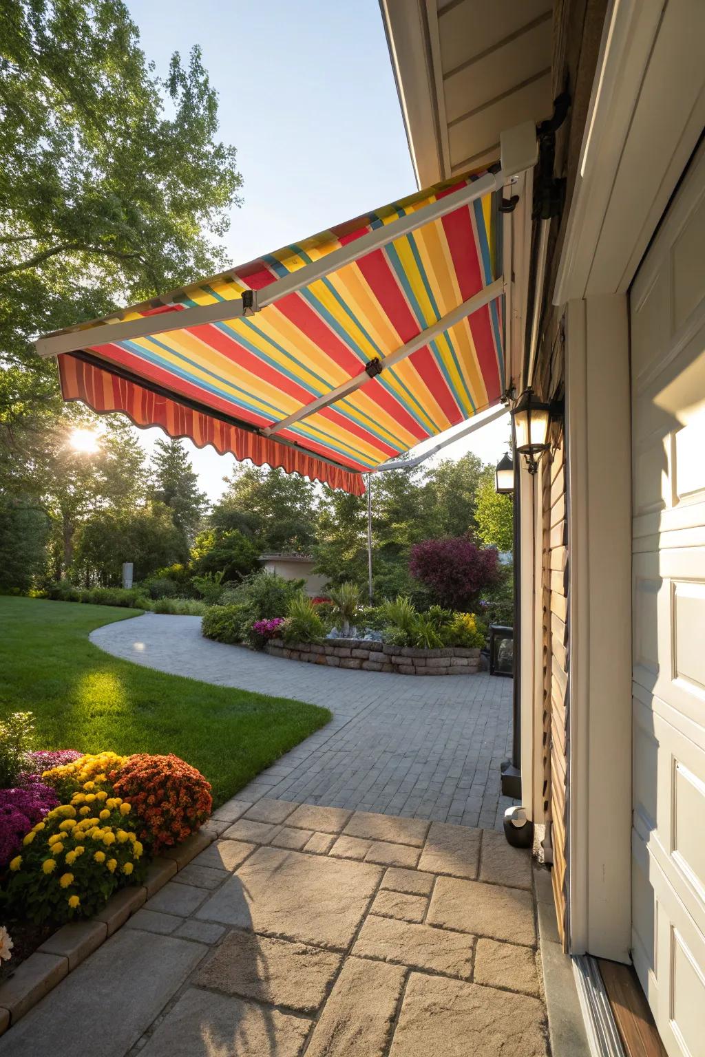 Versatile retractable fabric awning in action.