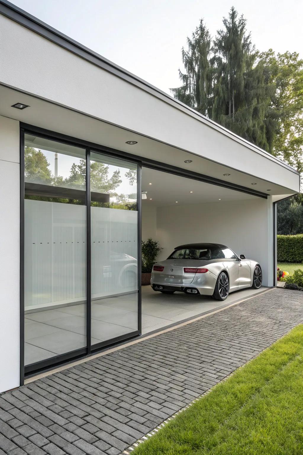 A modern garage boasting sleek glass doors for amplified natural light.