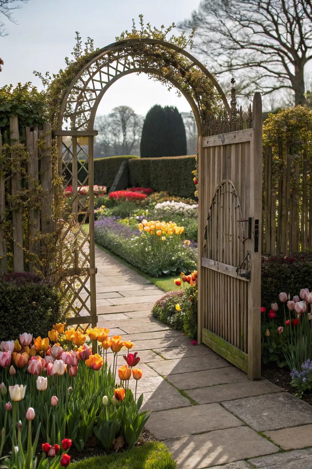 Archway garden gate fashions a scenic doorway to your alfresco expanse.