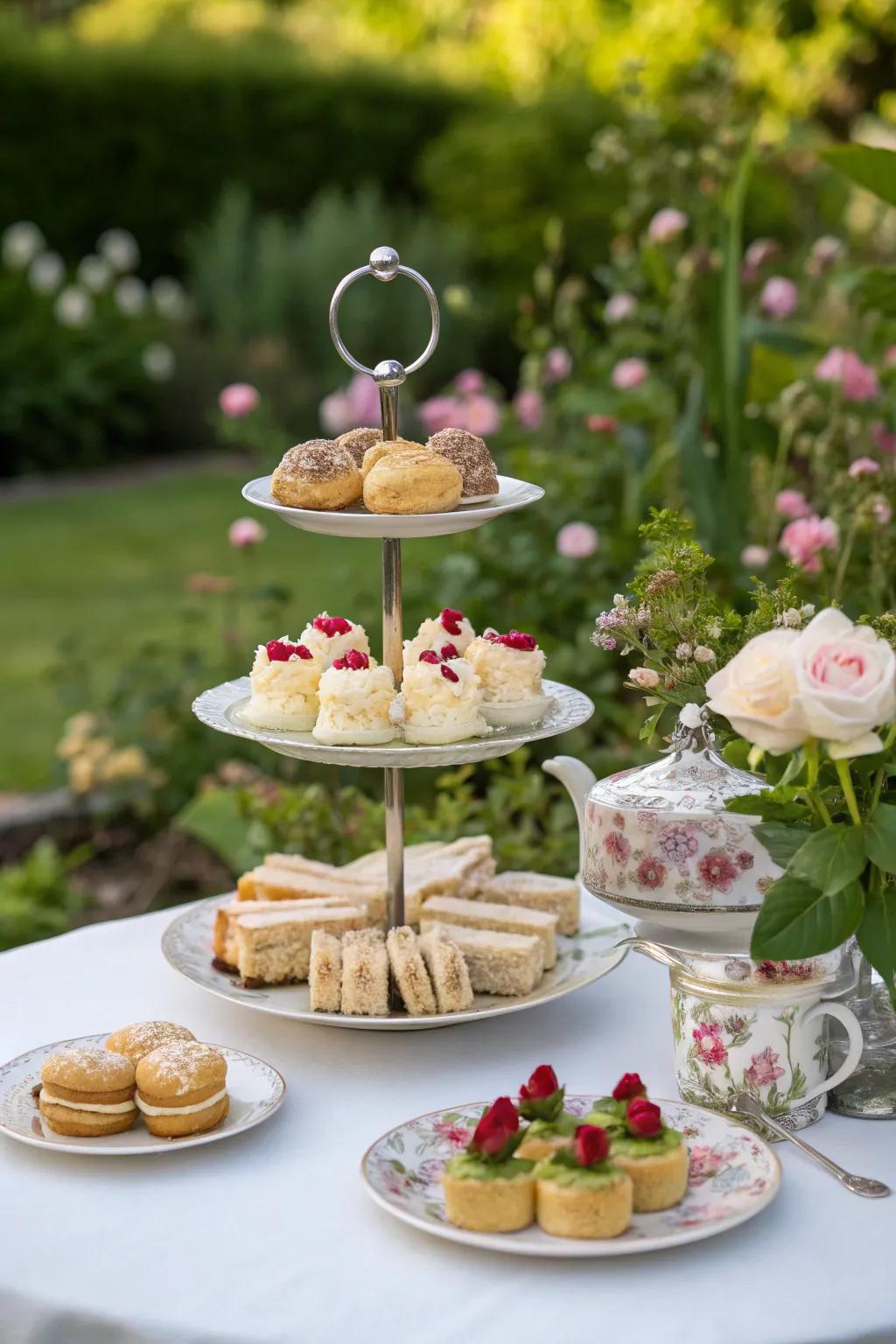 Staggered stands gracefully showcase an array of tea-time delights.