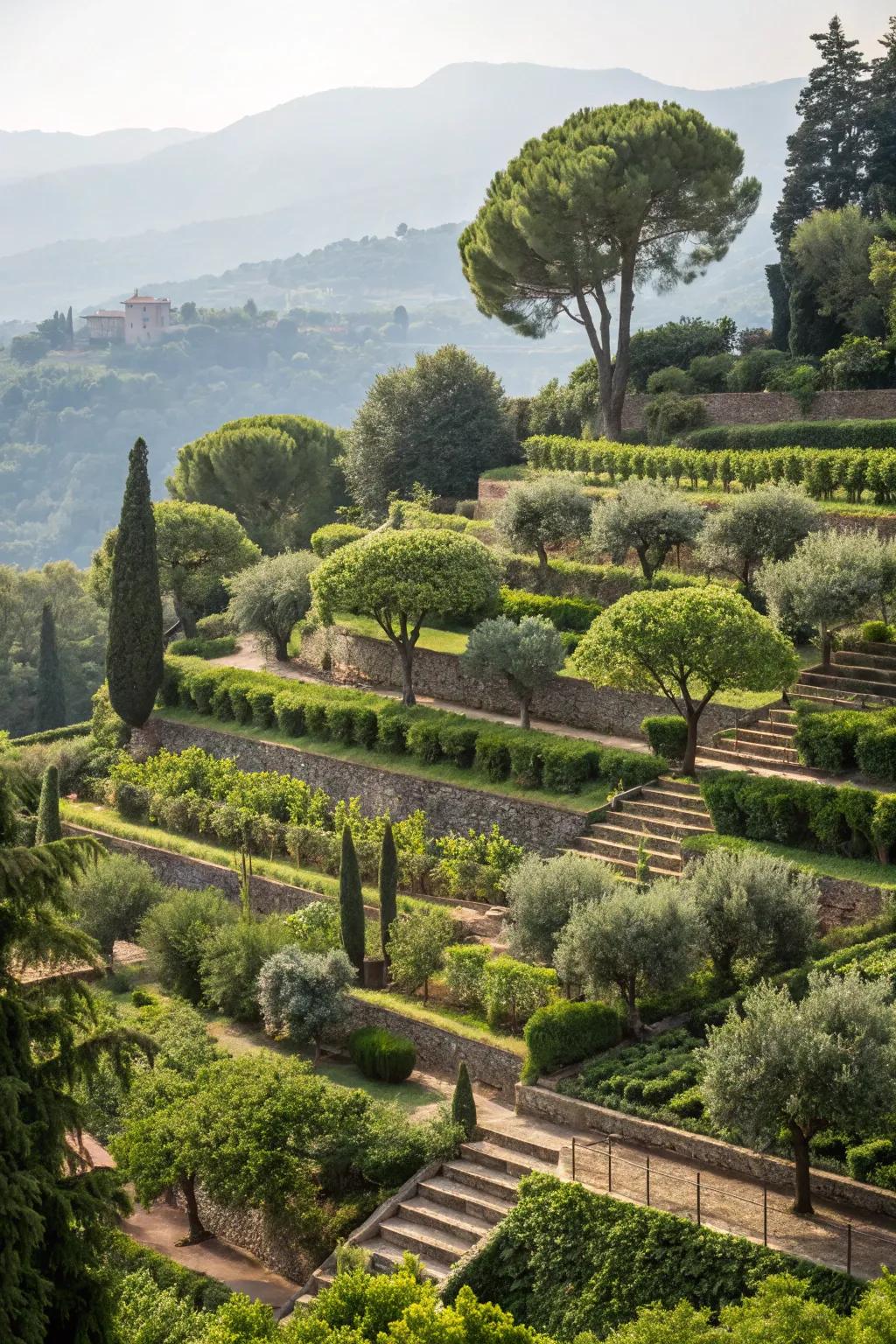 Tiered garden beds featuring trees as focal points.