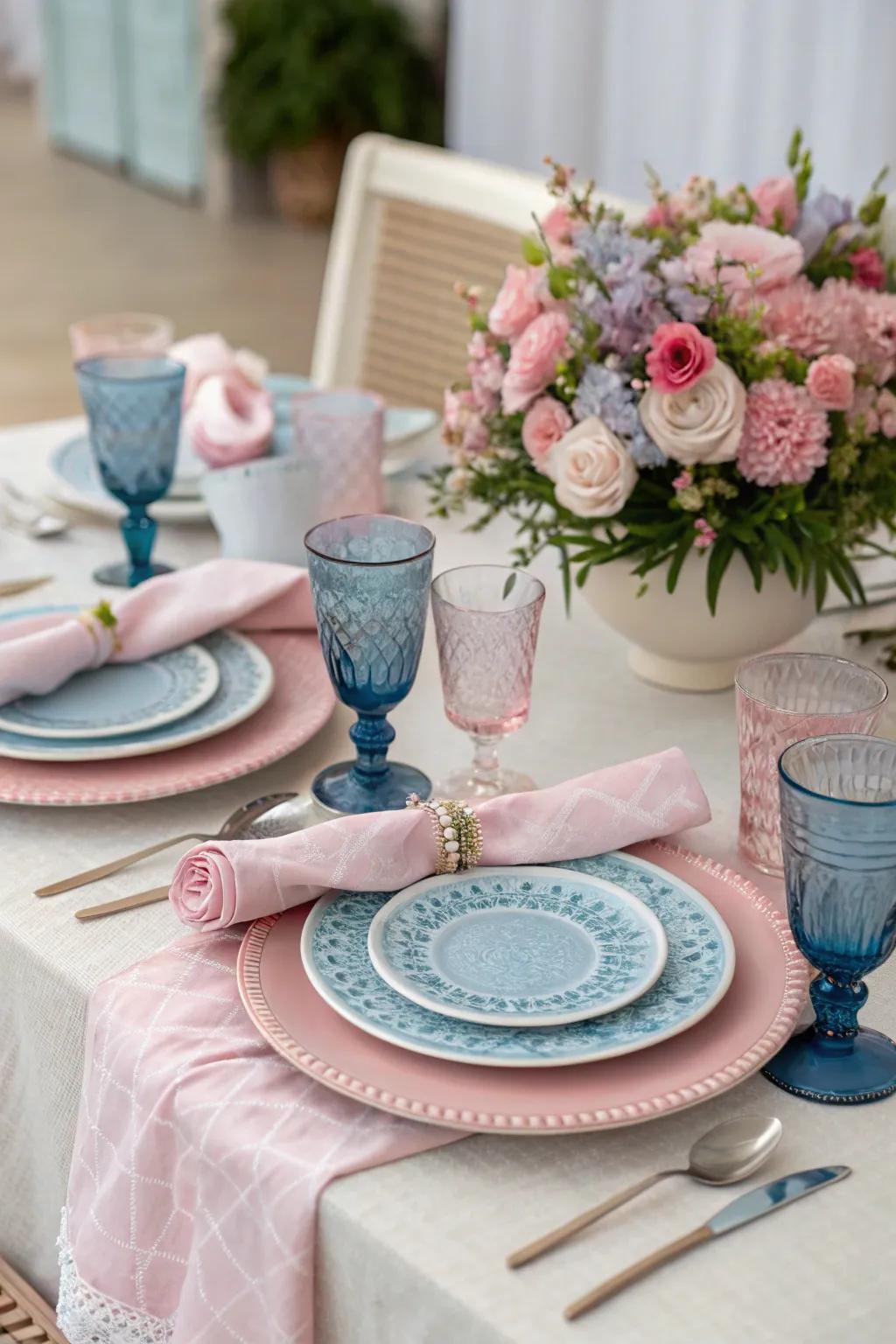 A beautifully arranged tablescape subtly hinting at the gender reveal.