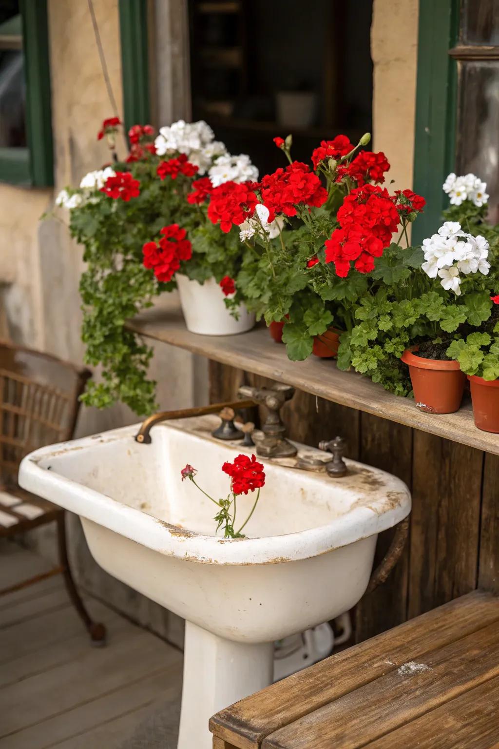 A vintage china sink creatively reimagined as a charming and distinctive geranium planter.