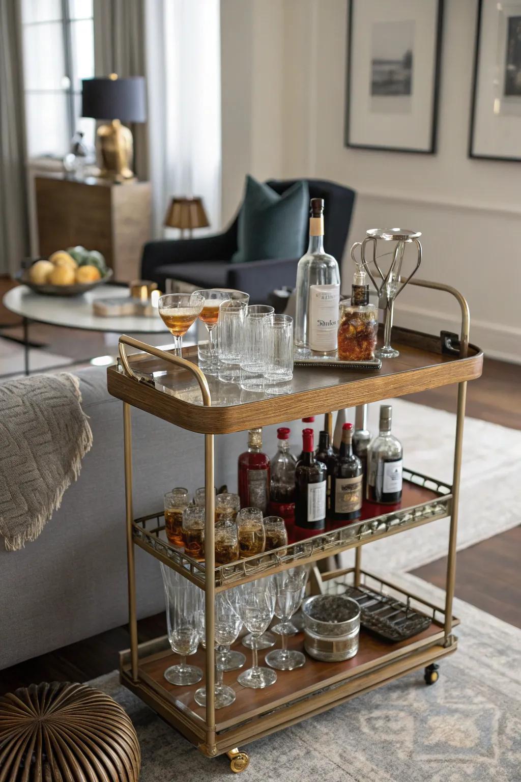 A vintage drink trolley combines style with practicality.
