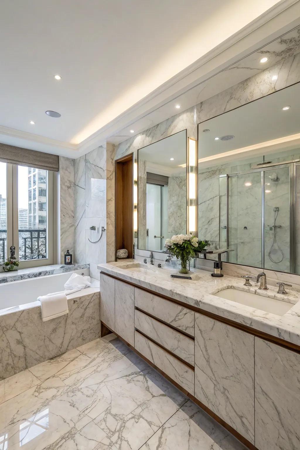 A sophisticated bathroom design showcasing marble countertops and walls.