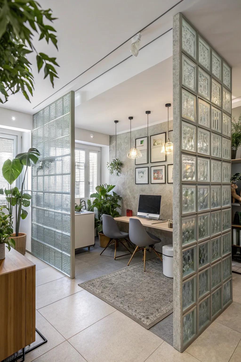 A modern home office with crystal cube wall dividers, mixing style and function.