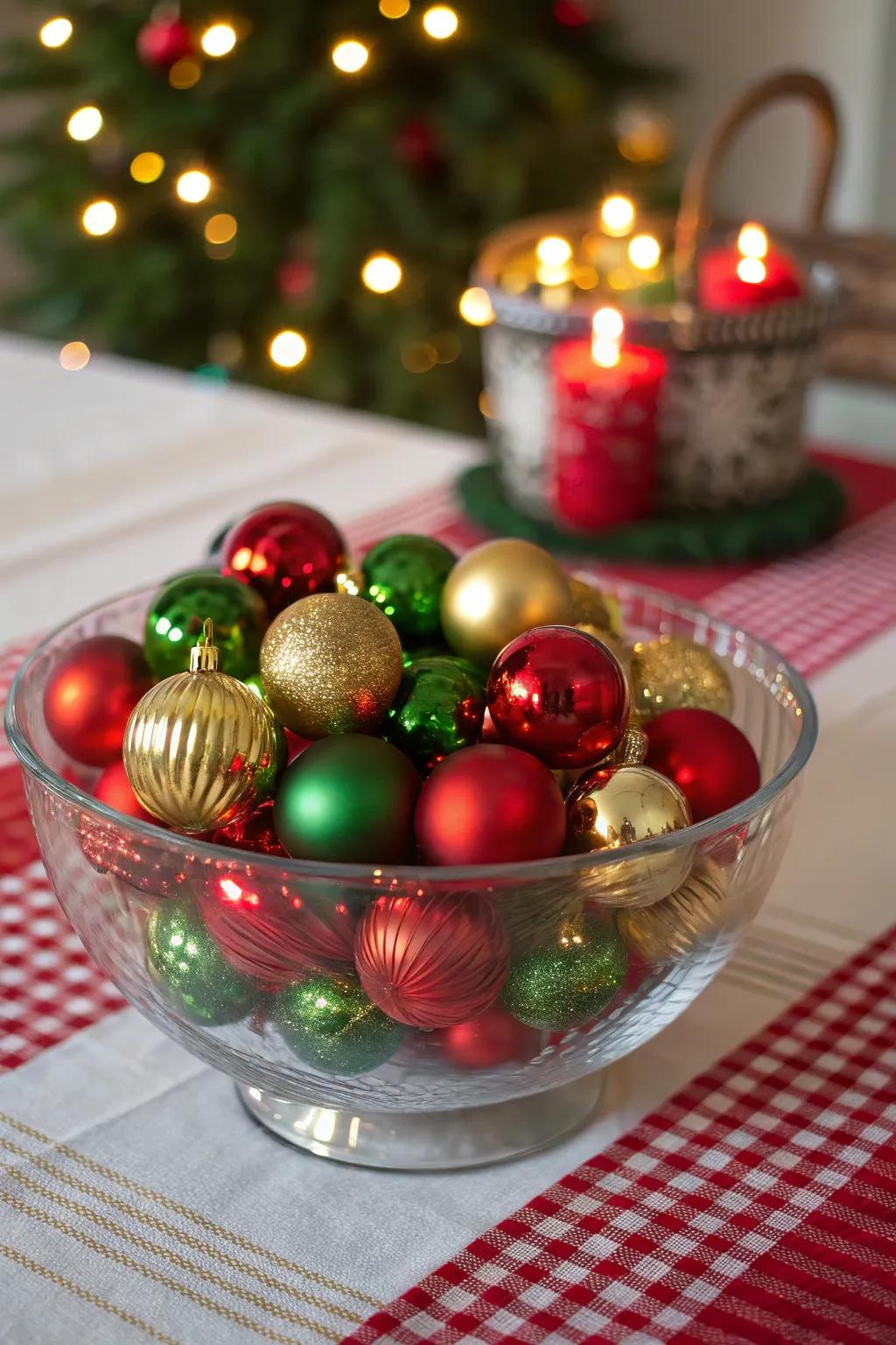 A vibrant assortment of baubles within a crystalline bowl.
